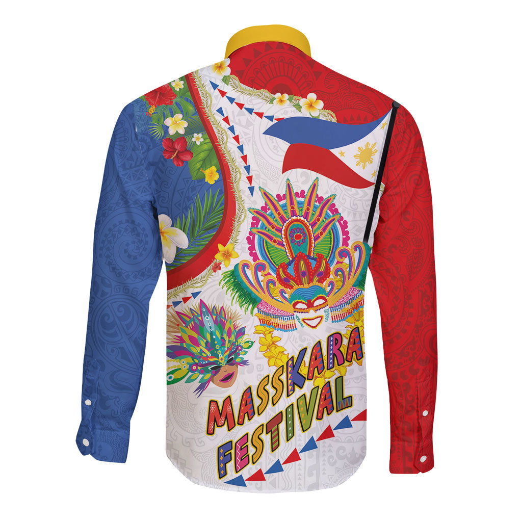 Philippines MassKara Festival Long Sleeve Button Shirt Smile Masks with Hawaiian Art Pattern and Tropical Plants
