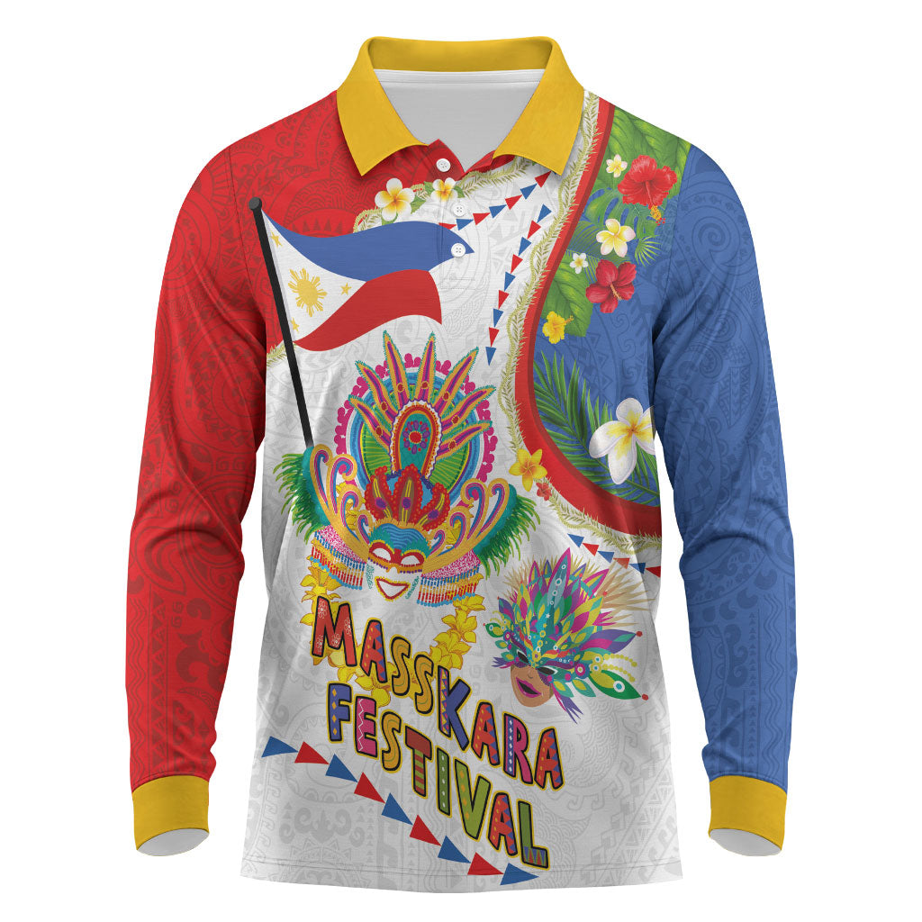 Philippines MassKara Festival Long Sleeve Polo Shirt Smile Masks with Hawaiian Art Pattern and Tropical Plants LT03 Multicolor - Polynesian Pride
