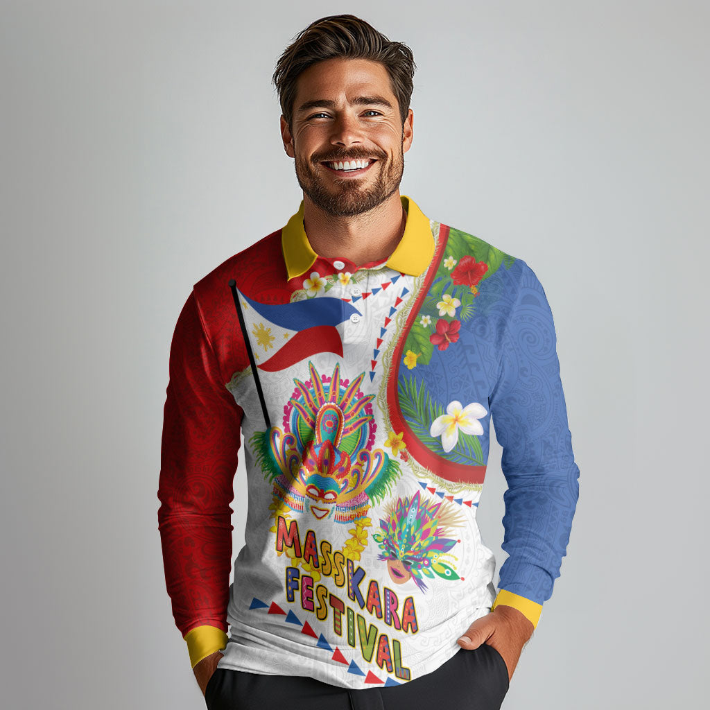 Philippines MassKara Festival Long Sleeve Polo Shirt Smile Masks with Hawaiian Art Pattern and Tropical Plants