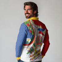 Philippines MassKara Festival Long Sleeve Polo Shirt Smile Masks with Hawaiian Art Pattern and Tropical Plants