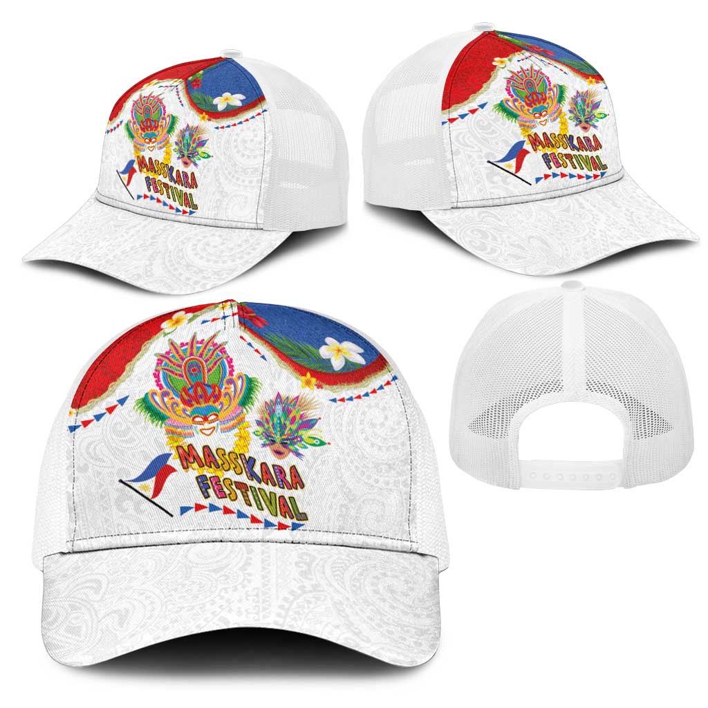 Philippines MassKara Festival Mesh Trucker Cap Smile Masks with Hawaiian Art Pattern and Tropical Plants