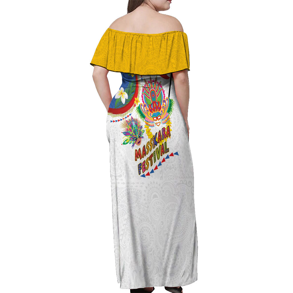 Philippines MassKara Festival Off Shoulder Maxi Dress Smile Masks with Hawaiian Art Pattern and Tropical Plants