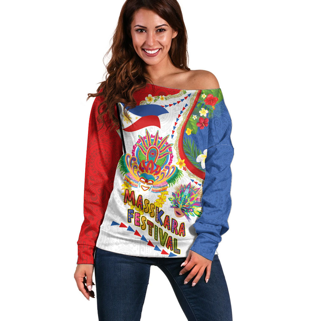 Philippines MassKara Festival Off Shoulder Sweater Smile Masks with Hawaiian Art Pattern and Tropical Plants LT03 Women Multicolor - Polynesian Pride
