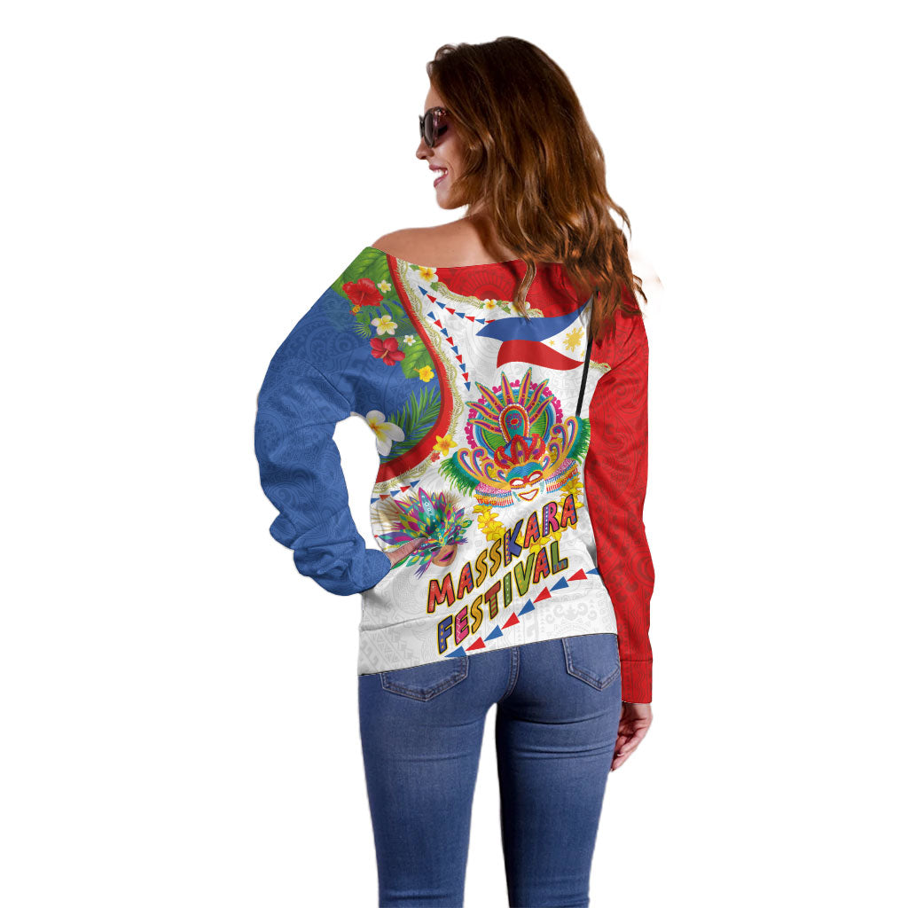 Philippines MassKara Festival Off Shoulder Sweater Smile Masks with Hawaiian Art Pattern and Tropical Plants