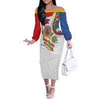 Philippines MassKara Festival Off The Shoulder Long Sleeve Dress Smile Masks with Hawaiian Art Pattern and Tropical Plants