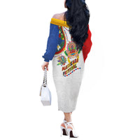 Philippines MassKara Festival Off The Shoulder Long Sleeve Dress Smile Masks with Hawaiian Art Pattern and Tropical Plants