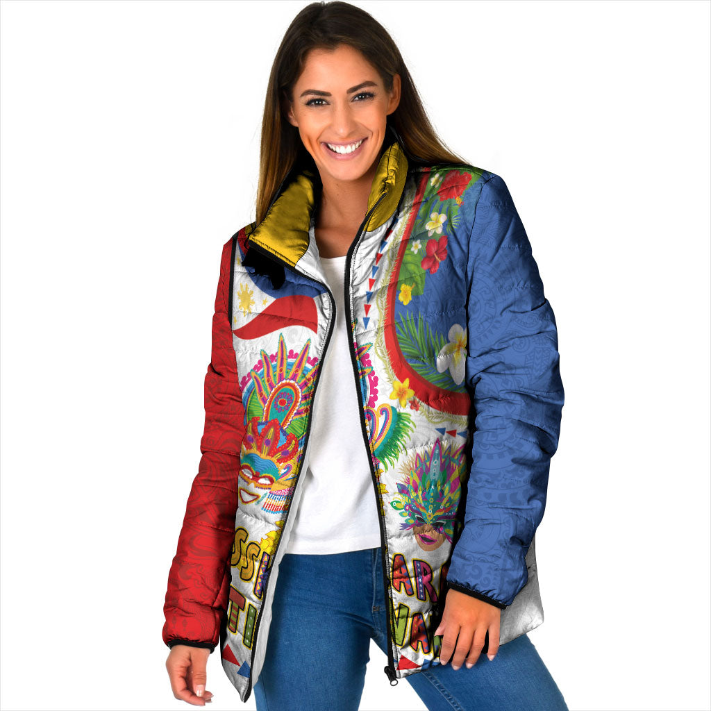Philippines MassKara Festival Padded Jacket Smile Masks with Hawaiian Art Pattern and Tropical Plants
