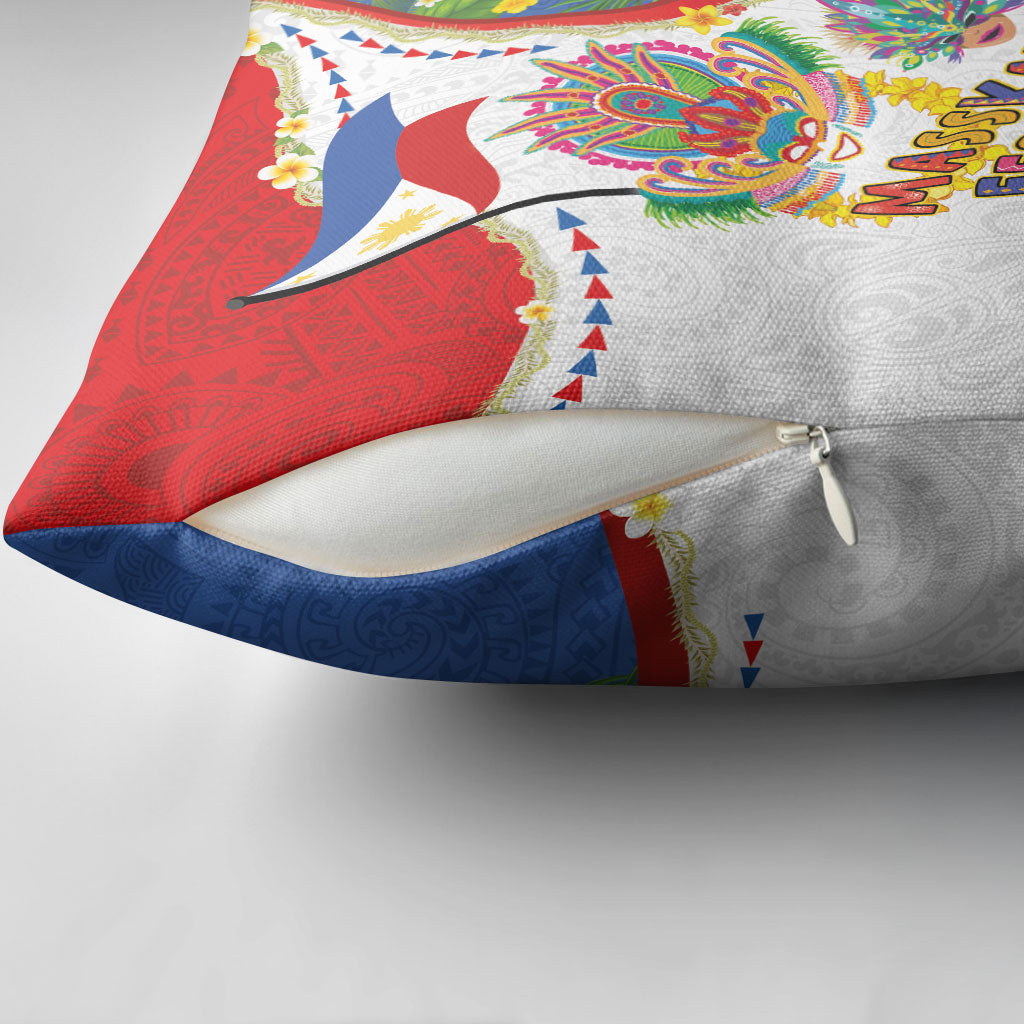 Philippines MassKara Festival Pillow Cover Smile Masks with Hawaiian Art Pattern and Tropical Plants