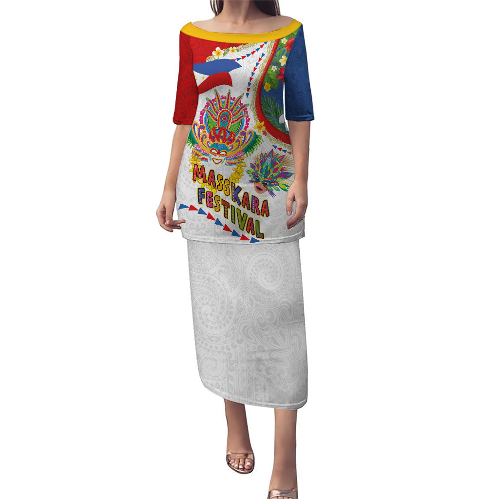 Philippines MassKara Festival Puletasi Smile Masks with Hawaiian Art Pattern and Tropical Plants LT03 Long Dress Multicolor - Polynesian Pride