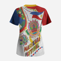 Philippines MassKara Festival Scrub Top Smile Masks with Hawaiian Art Pattern and Tropical Plants
