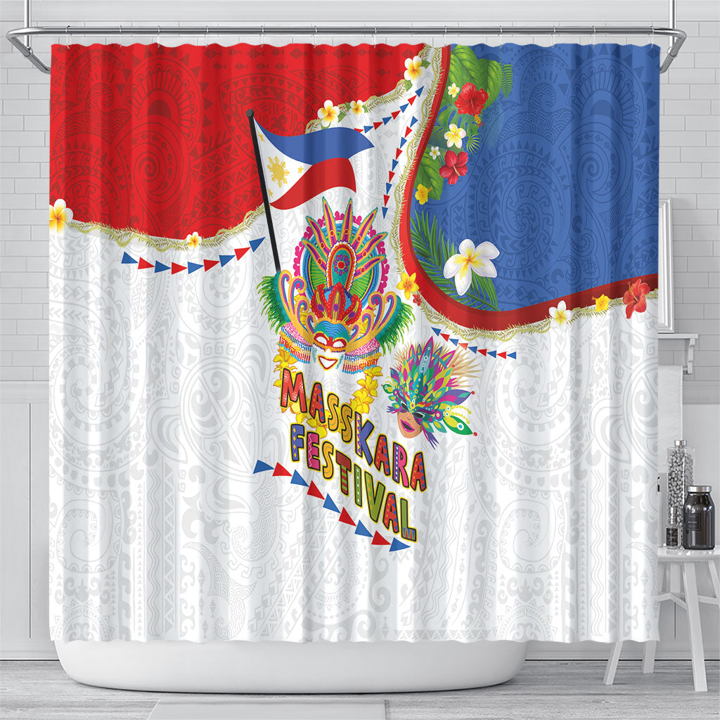 Philippines MassKara Festival Shower Curtain Smile Masks with Hawaiian Art Pattern and Tropical Plants