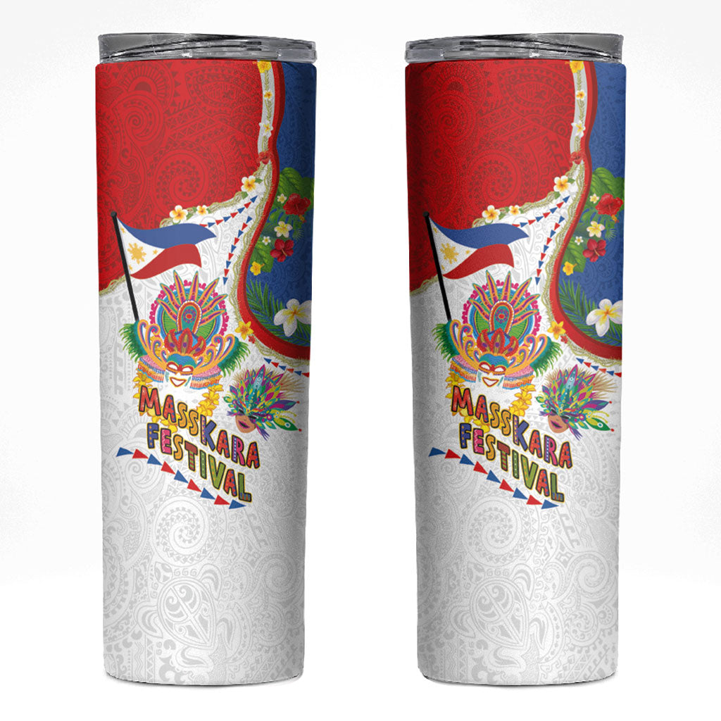 Philippines MassKara Festival Skinny Tumbler Smile Masks with Hawaiian Art Pattern and Tropical Plants LT03 Multicolor - Polynesian Pride
