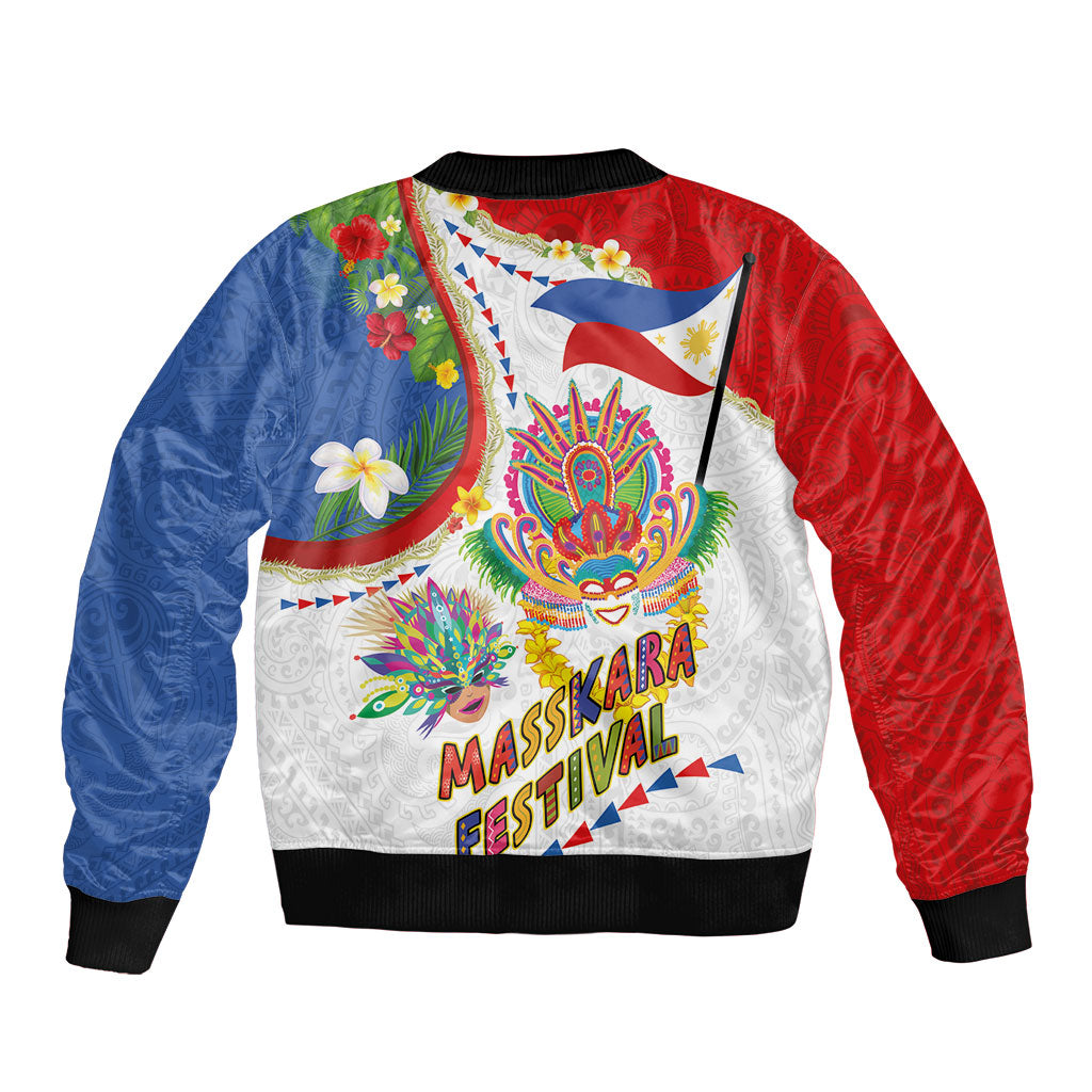 Philippines MassKara Festival Sleeve Zip Bomber Jacket Smile Masks with Hawaiian Art Pattern and Tropical Plants