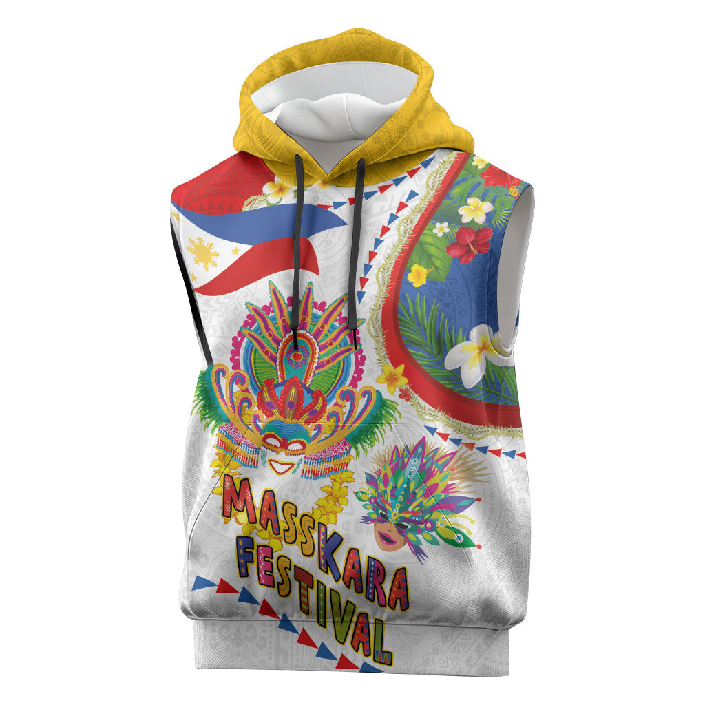 Philippines MassKara Festival Sleeveless Hoodie Smile Masks with Hawaiian Art Pattern and Tropical Plants