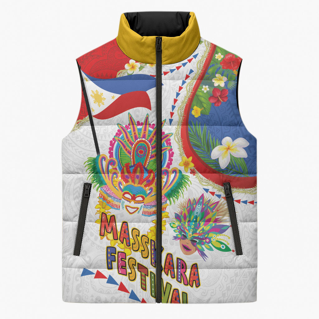 Philippines MassKara Festival Sleeveless Puffer Jacket Smile Masks with Hawaiian Art Pattern and Tropical Plants LT03 Unisex Multicolor - Polynesian Pride