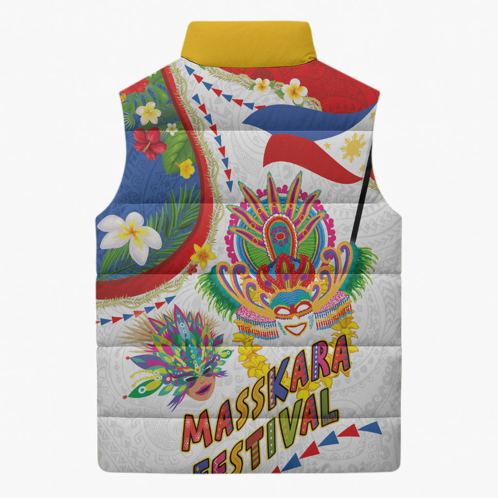 Philippines MassKara Festival Sleeveless Puffer Jacket Smile Masks with Hawaiian Art Pattern and Tropical Plants
