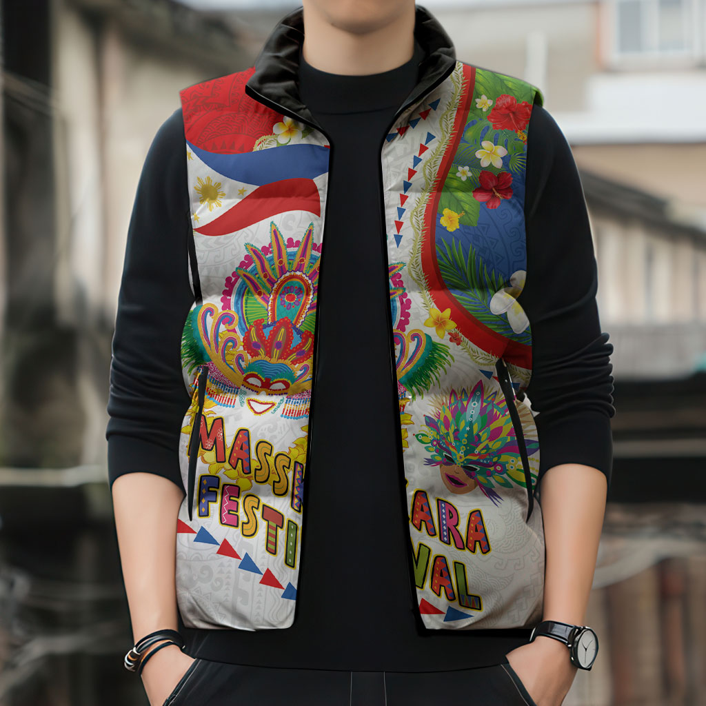 Philippines MassKara Festival Sleeveless Puffer Jacket Smile Masks with Hawaiian Art Pattern and Tropical Plants