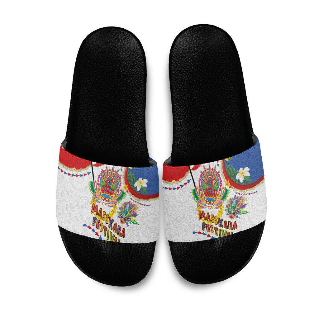 Philippines MassKara Festival Slide Sandals Smile Masks with Hawaiian Art Pattern and Tropical Plants