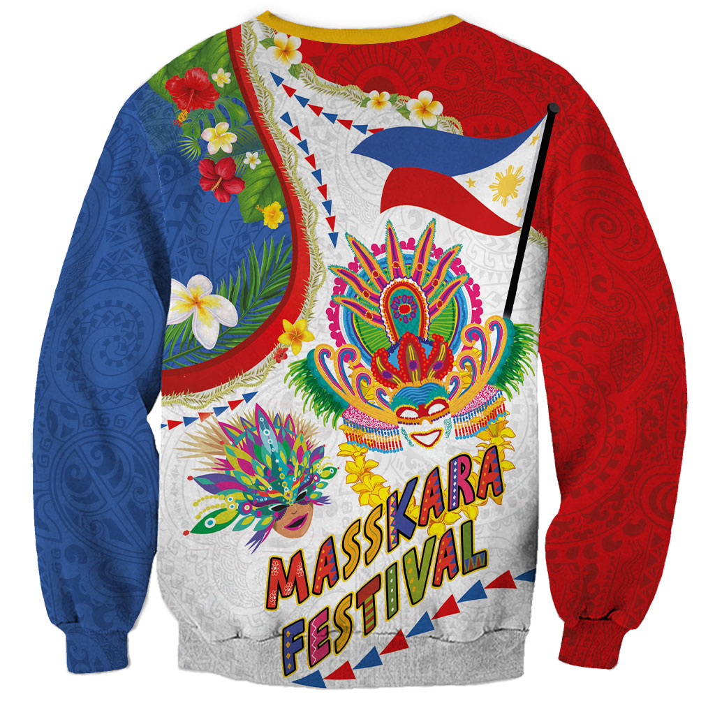 Philippines MassKara Festival Sweatshirt Smile Masks with Hawaiian Art Pattern and Tropical Plants