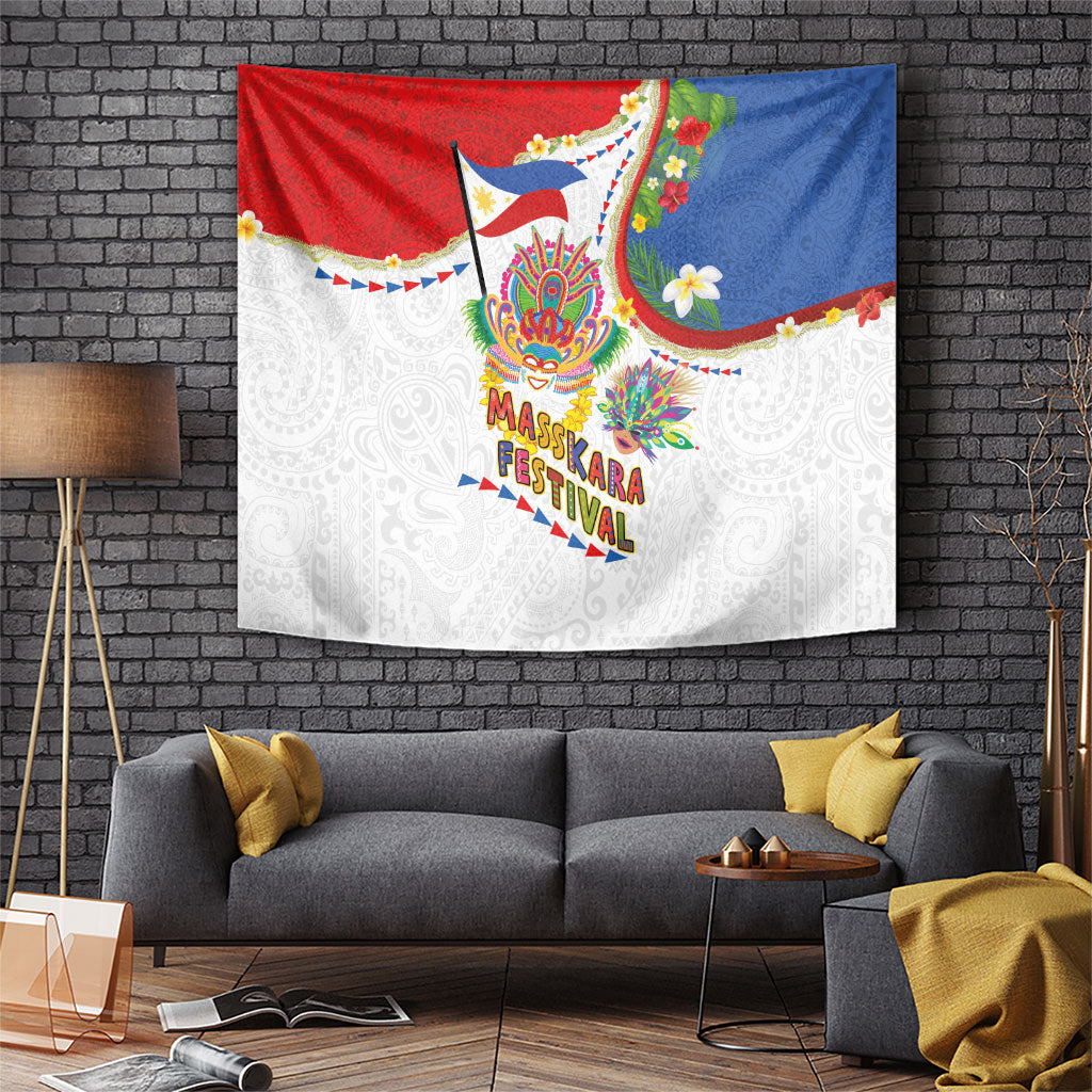 Philippines MassKara Festival Tapestry Smile Masks with Hawaiian Art Pattern and Tropical Plants