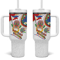 Philippines MassKara Festival Tumbler With Handle Smile Masks with Hawaiian Art Pattern and Tropical Plants