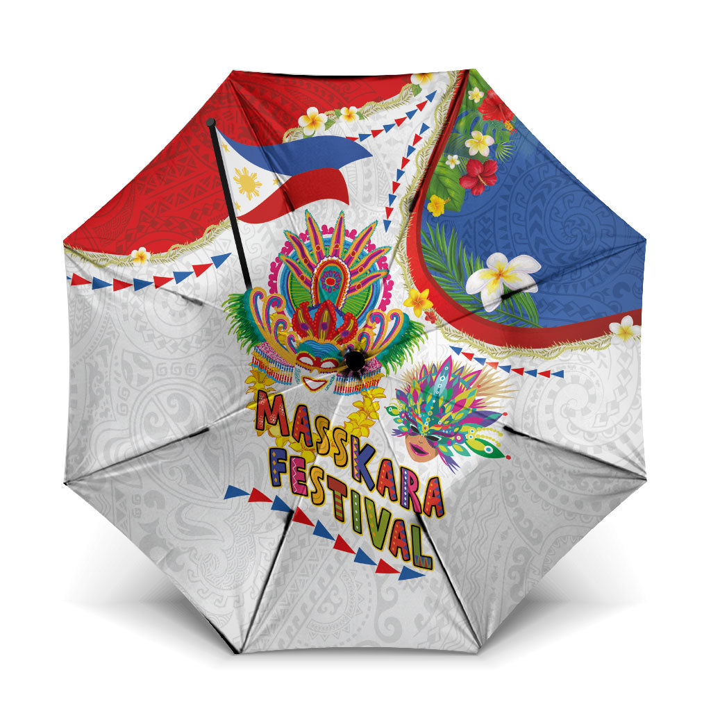 Philippines MassKara Festival Umbrella Smile Masks with Hawaiian Art Pattern and Tropical Plants LT03 One Size Folded 11.42 inch Opened Diameter 37.4 inch Multicolor - Polynesian Pride