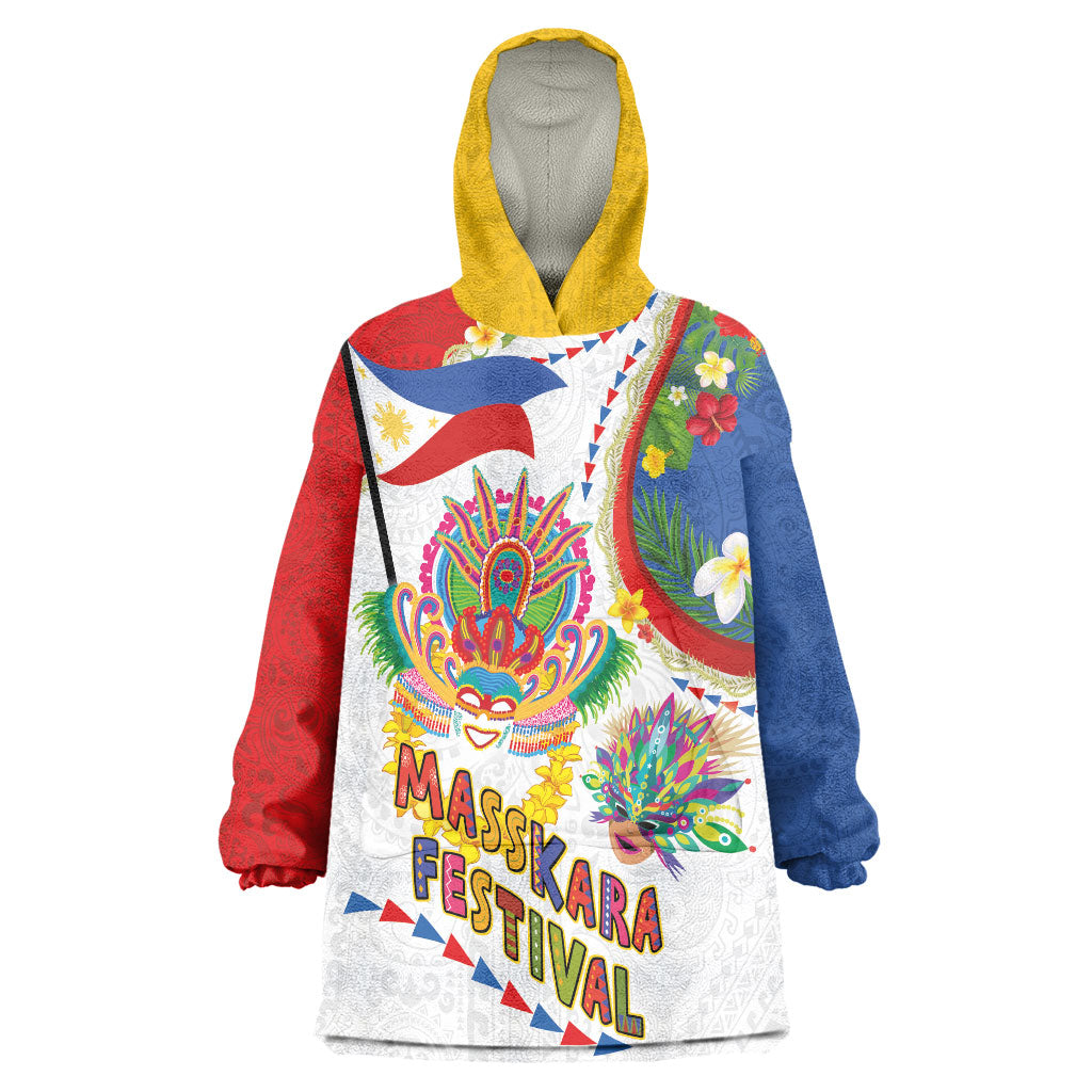 Philippines MassKara Festival Wearable Blanket Hoodie Smile Masks with Hawaiian Art Pattern and Tropical Plants