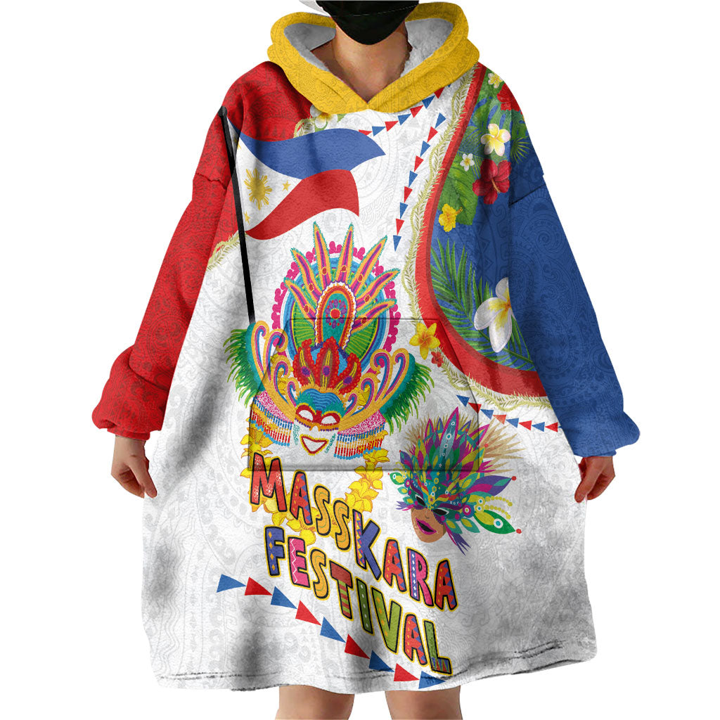 Philippines MassKara Festival Wearable Blanket Hoodie Smile Masks with Hawaiian Art Pattern and Tropical Plants