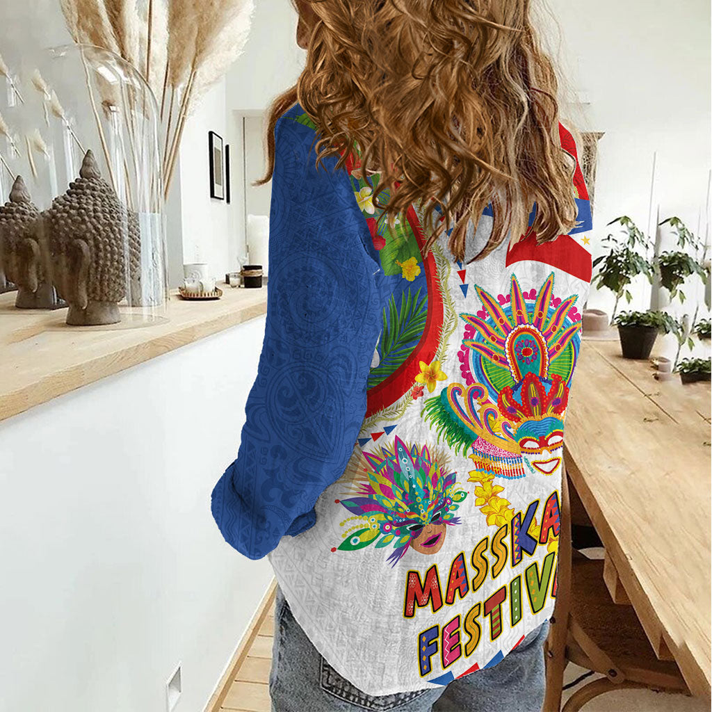 Philippines MassKara Festival Women Casual Shirt Smile Masks with Hawaiian Art Pattern and Tropical Plants