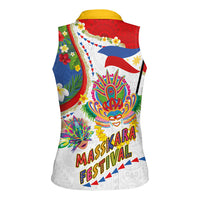 Philippines MassKara Festival Women Sleeveless Polo Shirt Smile Masks with Hawaiian Art Pattern and Tropical Plants