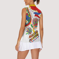 Philippines MassKara Festival Women Sleeveless Polo Shirt Smile Masks with Hawaiian Art Pattern and Tropical Plants