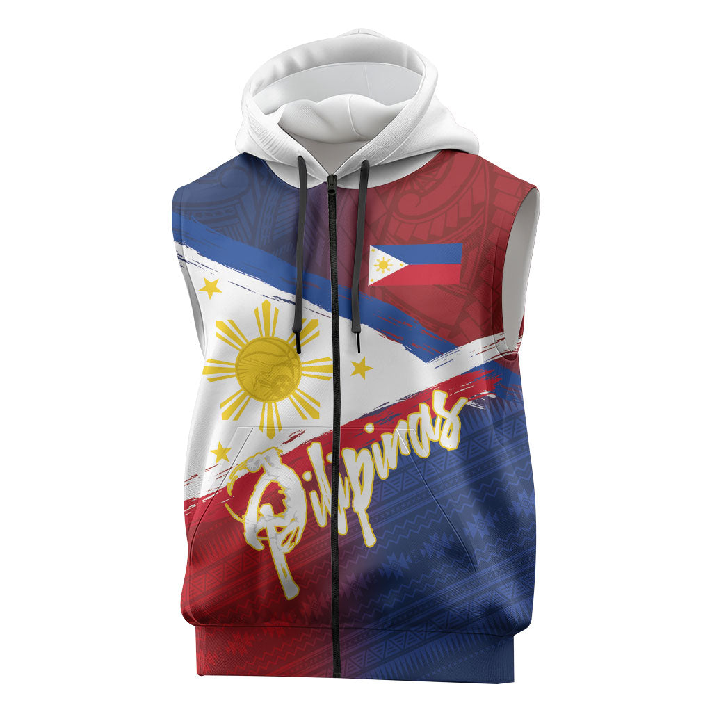 Philippines Basketball Custom Sleeveless Zip Hoodie Pilipinas Tribal Pattern