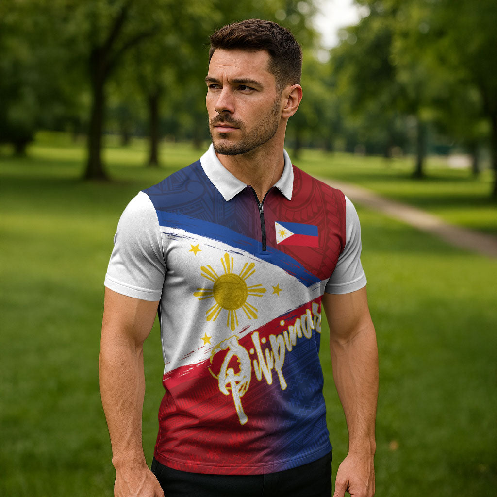 Philippines Basketball Custom Zipper Polo Shirt Pilipinas Tribal Pattern