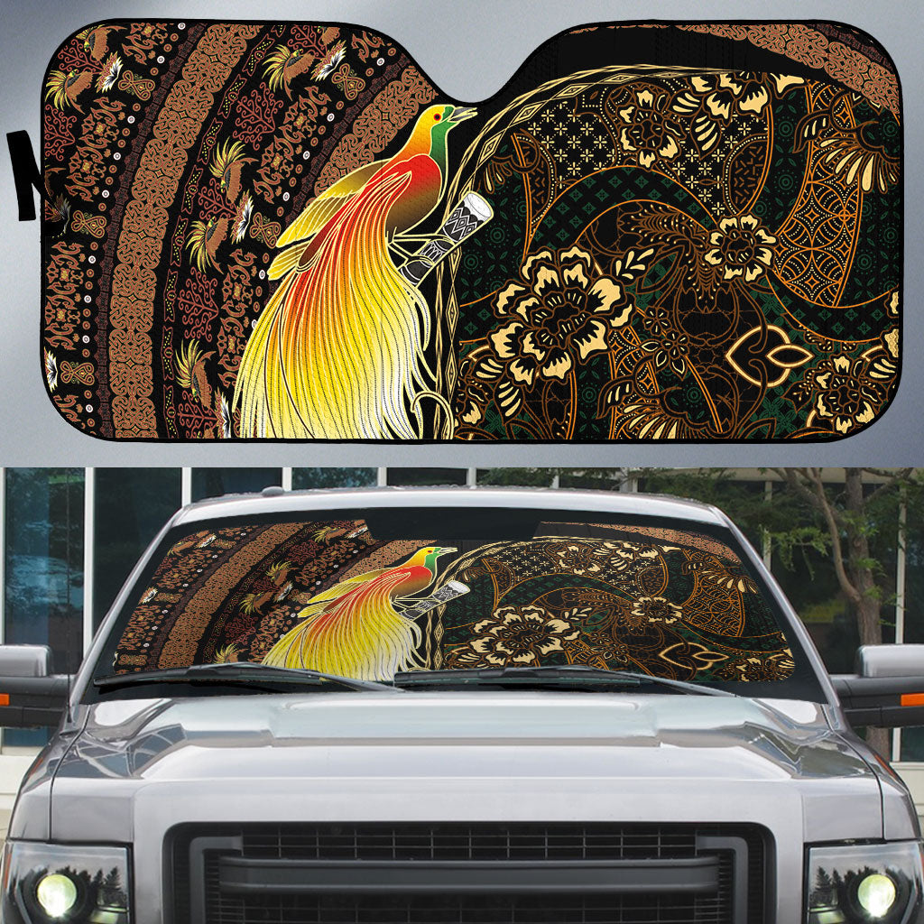 Papua New Guinea and Indonesia Batik Auto Sun Shade Bird of Paradise with Tribal Batik Patterns