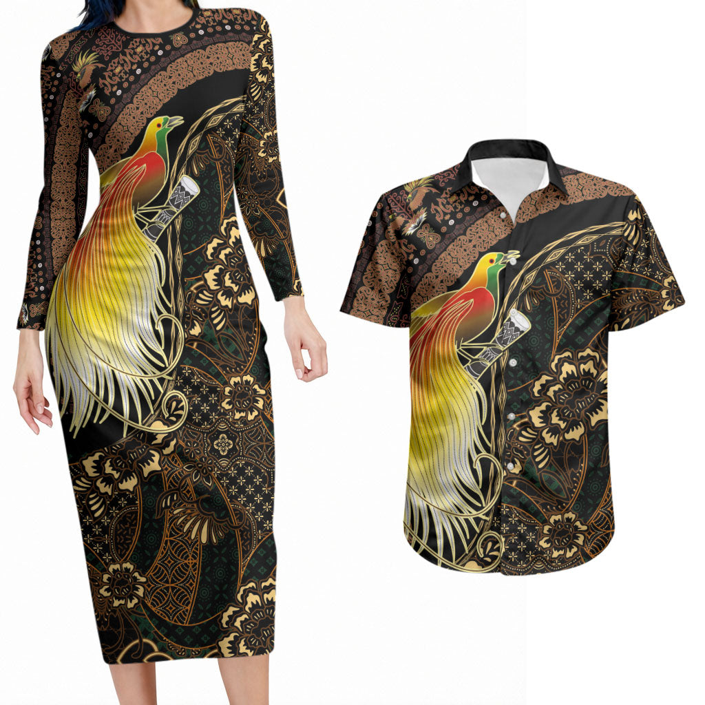 Papua New Guinea and Indonesia Batik Couples Matching Long Sleeve Bodycon Dress and Hawaiian Shirt Bird of Paradise with Tribal Batik Patterns LT03 Multicolor - Polynesian Pride