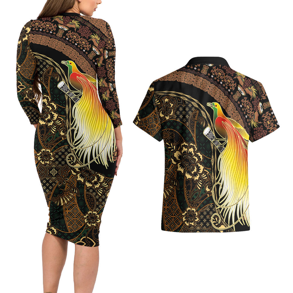 Papua New Guinea and Indonesia Batik Couples Matching Long Sleeve Bodycon Dress and Hawaiian Shirt Bird of Paradise with Tribal Batik Patterns LT03 - Polynesian Pride