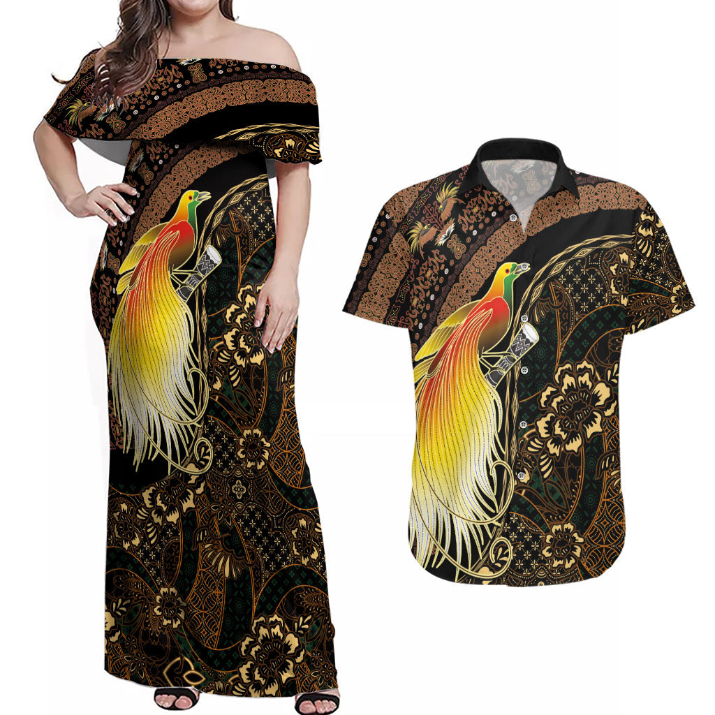 Papua New Guinea and Indonesia Batik Couples Matching Off Shoulder Maxi Dress and Hawaiian Shirt Bird of Paradise with Tribal Batik Patterns