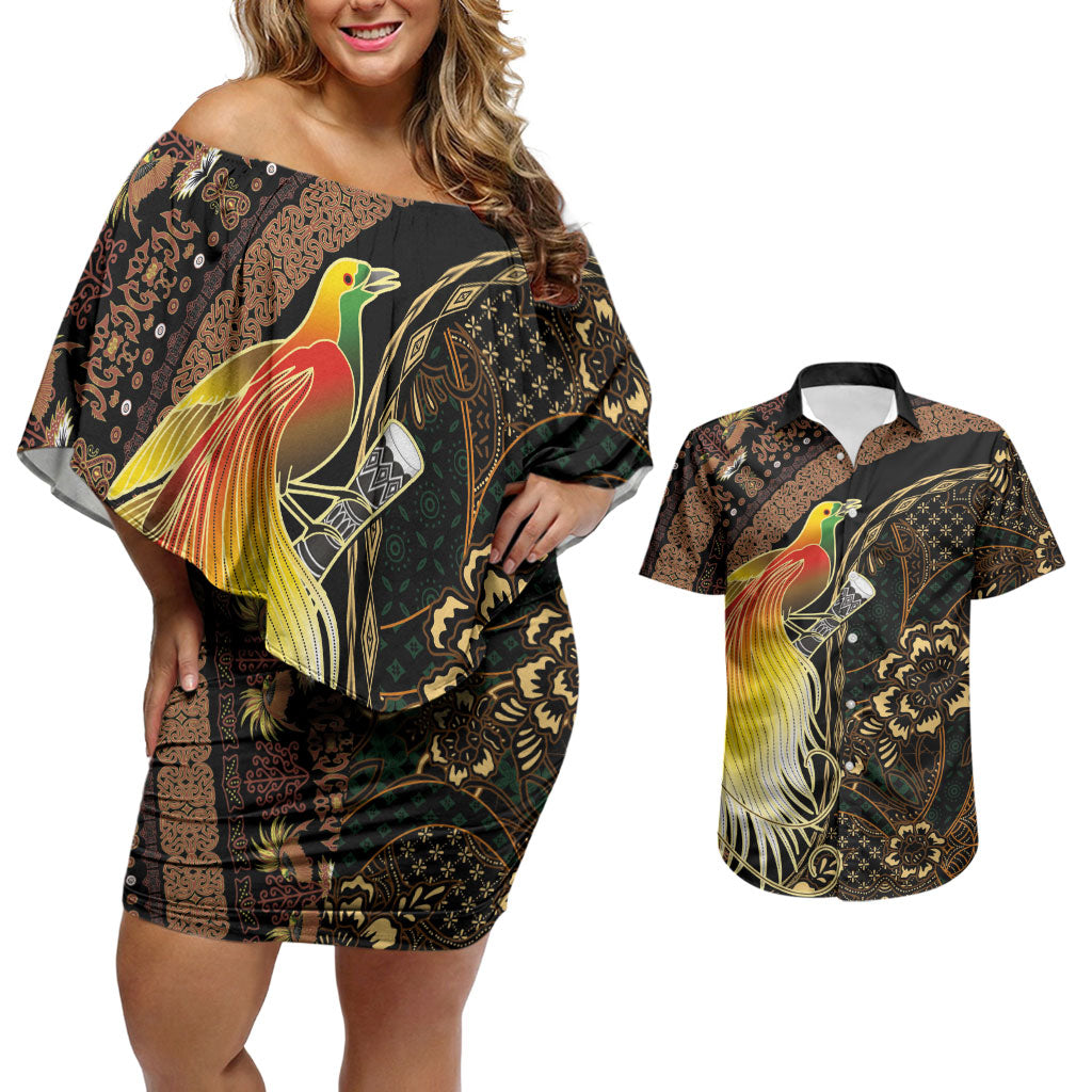 Papua New Guinea and Indonesia Batik Couples Matching Off Shoulder Short Dress and Hawaiian Shirt Bird of Paradise with Tribal Batik Patterns LT03 Multicolor - Polynesian Pride