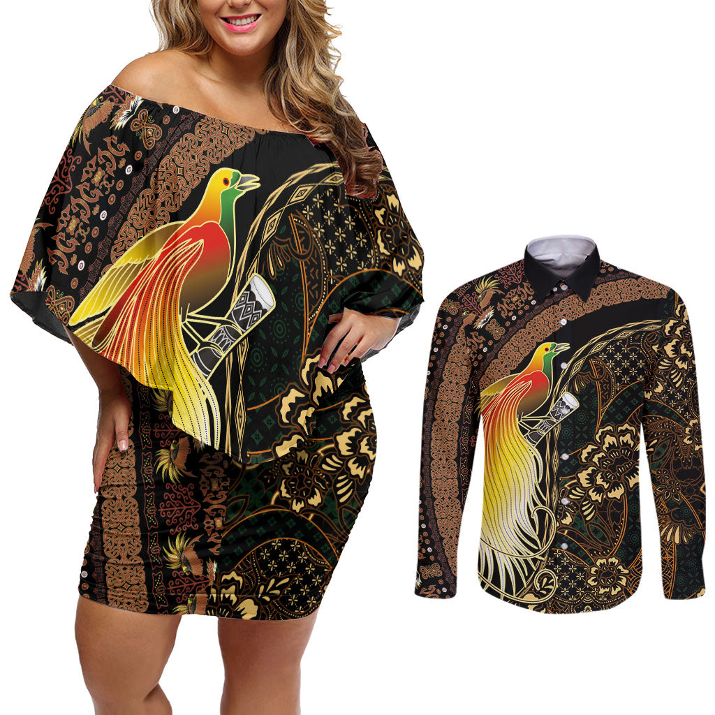 Papua New Guinea and Indonesia Batik Couples Matching Off Shoulder Short Dress and Long Sleeve Button Shirt Bird of Paradise with Tribal Batik Patterns