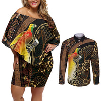 Papua New Guinea and Indonesia Batik Couples Matching Off Shoulder Short Dress and Long Sleeve Button Shirt Bird of Paradise with Tribal Batik Patterns