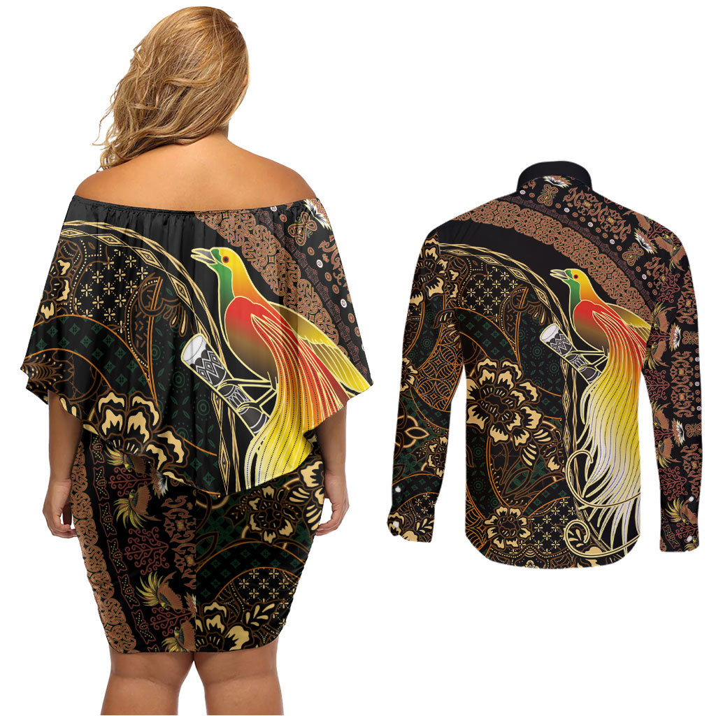 Papua New Guinea and Indonesia Batik Couples Matching Off Shoulder Short Dress and Long Sleeve Button Shirt Bird of Paradise with Tribal Batik Patterns