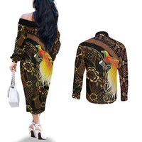 Papua New Guinea and Indonesia Batik Couples Matching Off The Shoulder Long Sleeve Dress and Long Sleeve Button Shirt Bird of Paradise with Tribal Batik Patterns