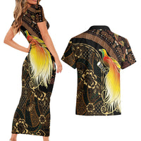 Papua New Guinea and Indonesia Batik Couples Matching Short Sleeve Bodycon Dress and Hawaiian Shirt Bird of Paradise with Tribal Batik Patterns LT03 - Polynesian Pride
