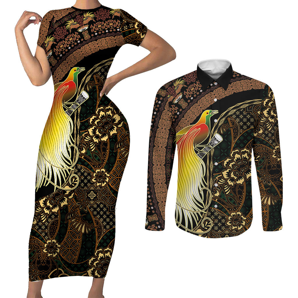 Papua New Guinea and Indonesia Batik Couples Matching Short Sleeve Bodycon Dress and Long Sleeve Button Shirt Bird of Paradise with Tribal Batik Patterns LT03 Multicolor - Polynesian Pride