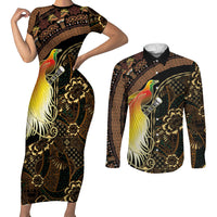 Papua New Guinea and Indonesia Batik Couples Matching Short Sleeve Bodycon Dress and Long Sleeve Button Shirt Bird of Paradise with Tribal Batik Patterns