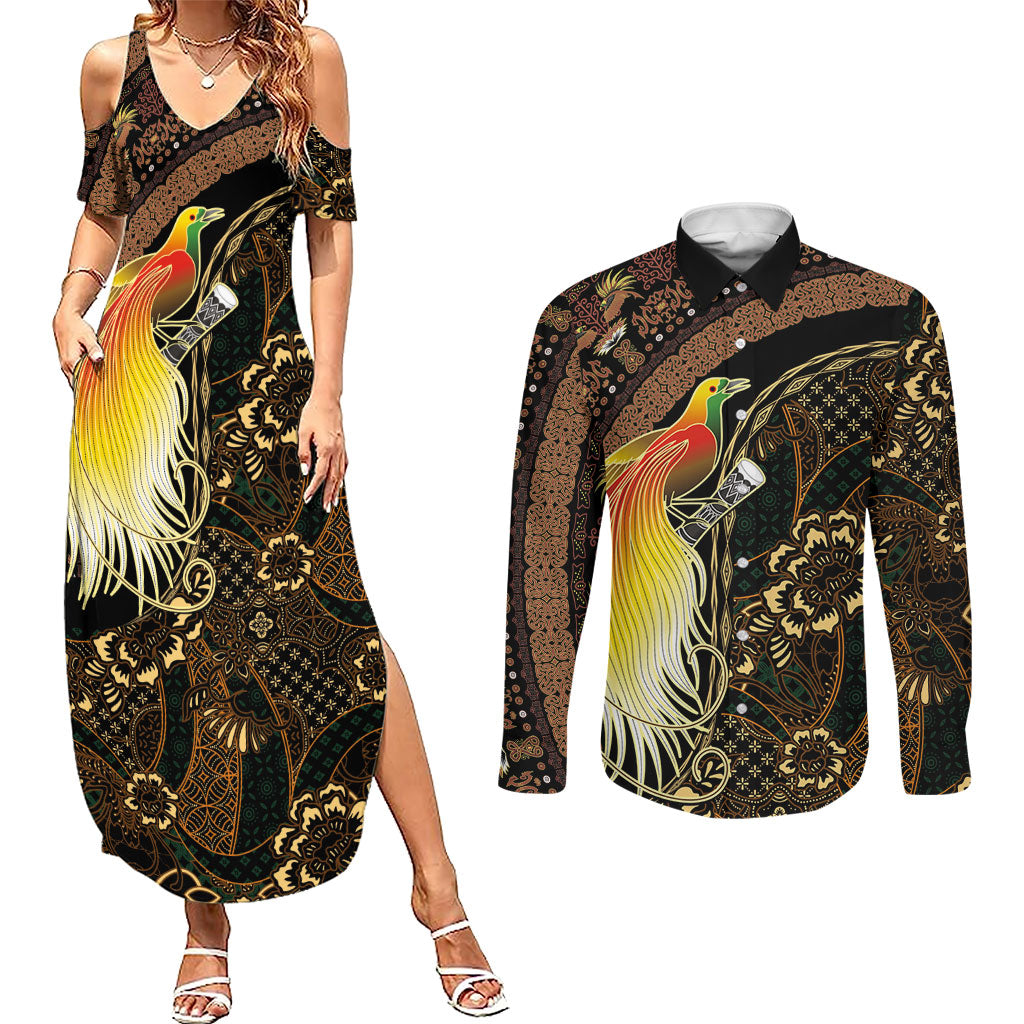 Papua New Guinea and Indonesia Batik Couples Matching Summer Maxi Dress and Long Sleeve Button Shirt Bird of Paradise with Tribal Batik Patterns