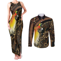 Papua New Guinea and Indonesia Batik Couples Matching Tank Maxi Dress and Long Sleeve Button Shirt Bird of Paradise with Tribal Batik Patterns