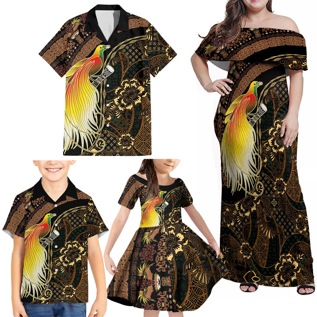 Papua New Guinea and Indonesia Batik Family Matching Off Shoulder Maxi Dress and Hawaiian Shirt Bird of Paradise with Tribal Batik Patterns LT03 - Polynesian Pride