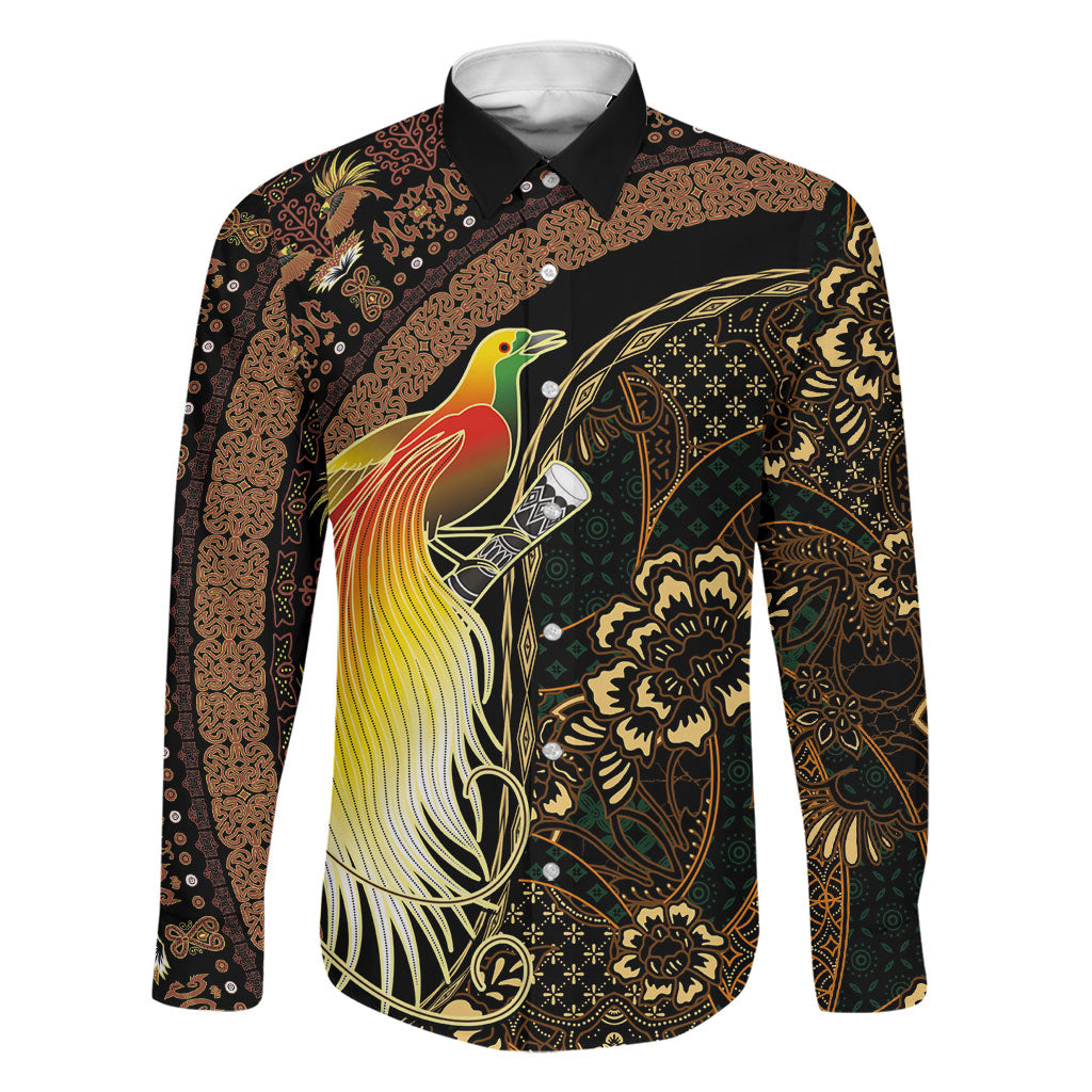 Papua New Guinea and Indonesia Batik Family Matching Off Shoulder Maxi Dress and Hawaiian Shirt Bird of Paradise with Tribal Batik Patterns LT03 Dad's Shirt - Long Sleeve Multicolor - Polynesian Pride