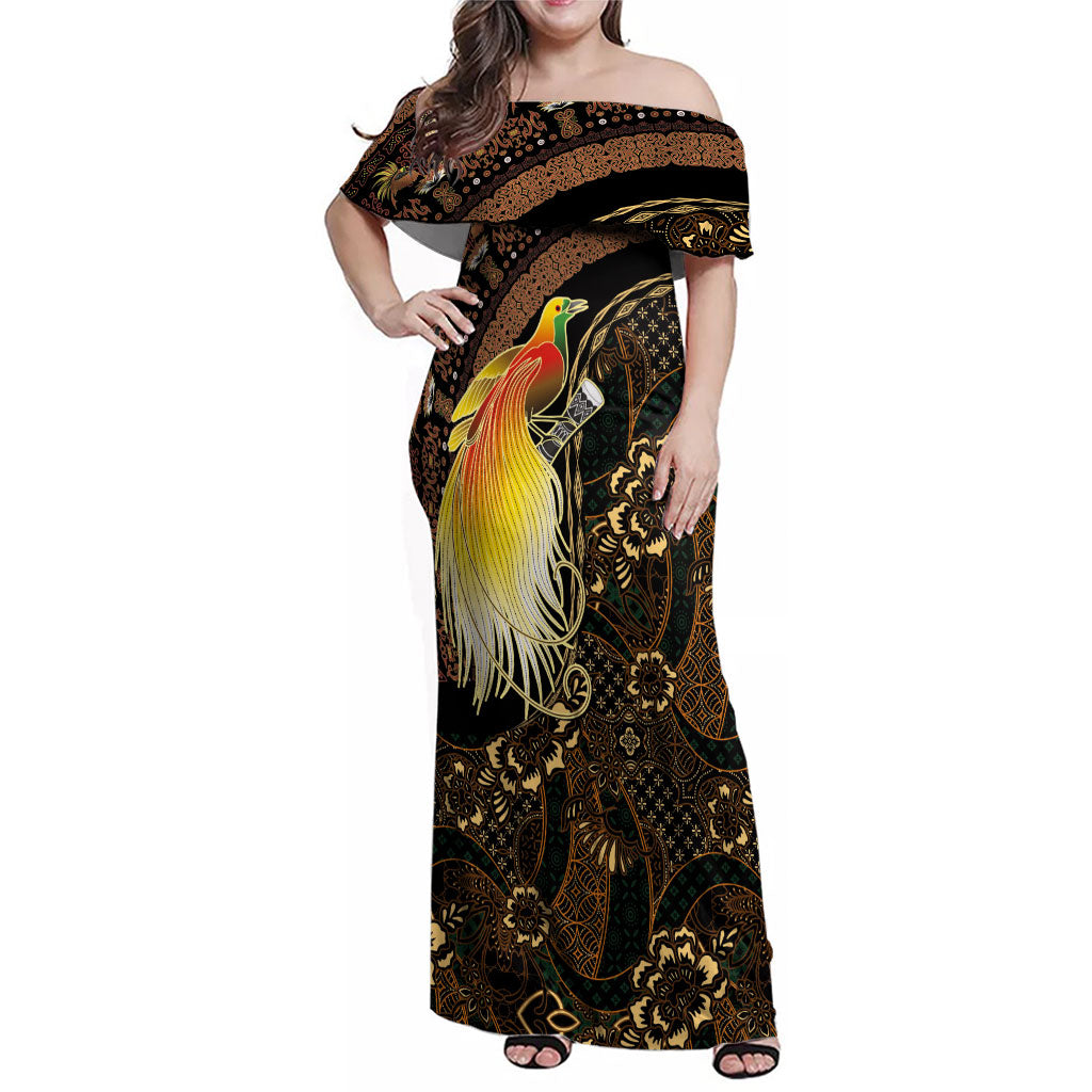 Papua New Guinea and Indonesia Batik Family Matching Off Shoulder Maxi Dress and Hawaiian Shirt Bird of Paradise with Tribal Batik Patterns LT03 Mom's Dress Multicolor - Polynesian Pride